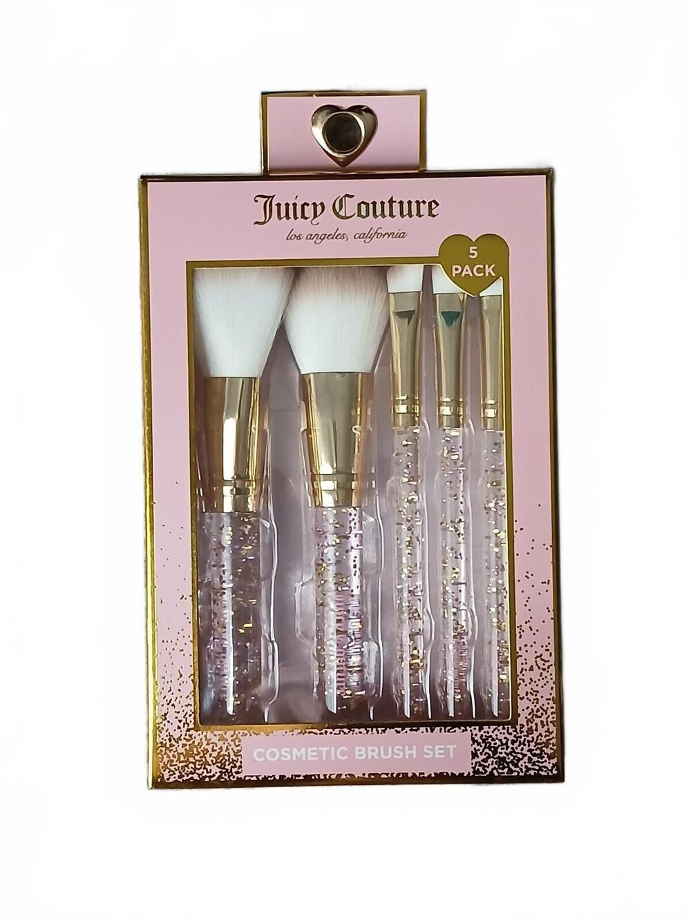 Juicy Couture 5 Pack Cosmetic Makeup Brush Set Pink Glitter Gold Logo Handle NIB